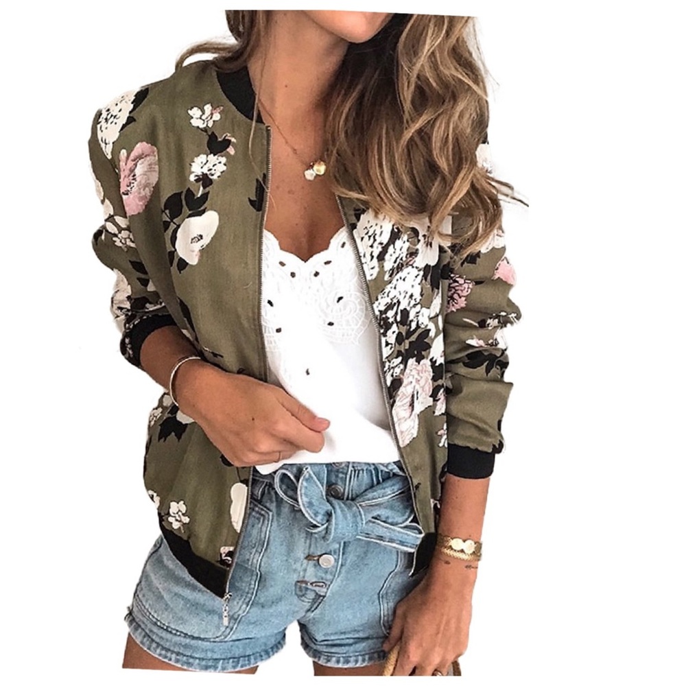 Floral printed zip up bomber jacket
